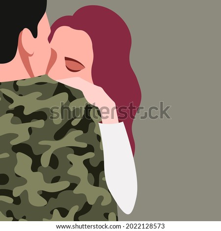 vector illustration of two hugging people in love. girl hugs a military guy. the soldier returned from a business trip from the combat zone. rehabilitation and reintegration of war veterans.
