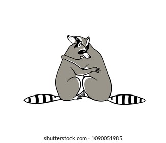 Vector illustration of two hugging raccoons. Beautiful animal design elements, ink drawing,