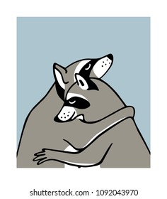 Vector illustration of two hugging raccoons. Beautiful animal design elements, ink drawing,