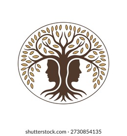 Ilustración vectorial de dos caras humanas formando un árbol con hojas en forma de circulo
