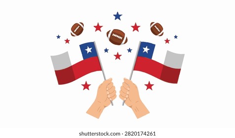 Vector illustration of two human hands holding small national flags of Chile, accompanied by floating American footballs and red and blue stars against a plain white background.