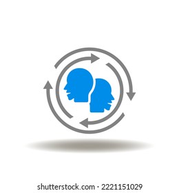 Vector illustration of two human head with round arrows communication. Symbol of empathy.