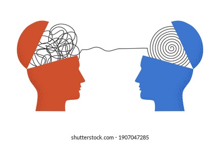 Vector illustration of two human heads silhouette with thread between them isolated on white. Concept of psychotherapy, coaching, consulting, mental disorder, depression treatment, psychological help