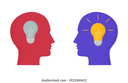 Vector illustration with two human heads and light bulbs on and off. Trendy concept of business, thinking, creativity, finding solution, idea. Symbol, icon with modern grain shadow
