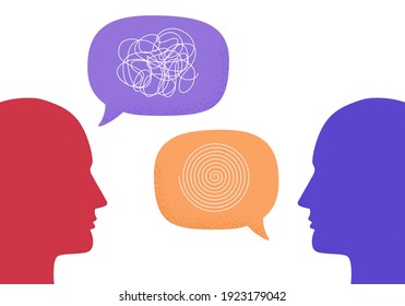 Vector illustration of two human heads silhouette talking through speech bubbles. Concept of psychotherapy, coaching, consulting, mental disorder, depression treatment, dialogue, psychological help