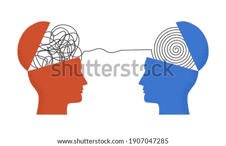 Vector illustration of two human heads silhouette with thread between them isolated on white. Concept of psychotherapy, coaching, consulting, mental disorder, depression treatment, psychological help