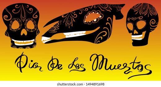 Vector illustration of two human and one horse skulls with a traditional pattern and ornament for the celebration of the day of the dead. Calligraphic inscription 'Dia de los Muertos'.