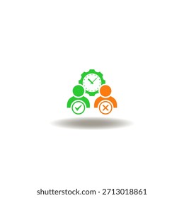 Vector illustration of two human person with check and cross mark and clock. Symbol of punctuality and attendance.