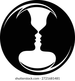 Ilustración vectorial de dos perfiles humanos uno frente al otro dentro de una circunferencia creando una ilusión óptica de jarrón que representa la psicología, la percepción y la relación aislada en blanco