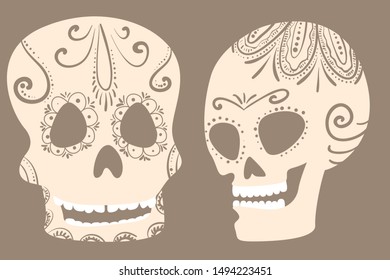 Vector illustration of two human skulls with a traditional pattern for the celebration of the day of the dead in Mexico and other countries.
