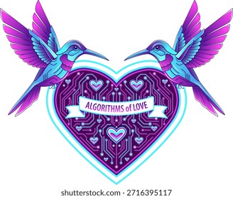 Ilustración vectorial de dos colibríes frente a un corazón de placa de circuito con acentos de neón brillante y Anuncio "Algoritmos de amor". Para App de citas con IA, tecnología de San Valentín, pegatinas, carteles, marca.