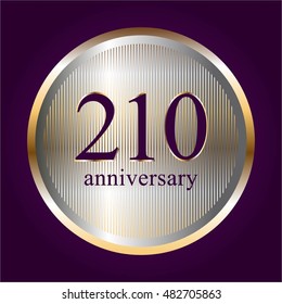 Vector illustration of Two hundred and ten (210 th) anniversary. Silver and gold pattern on a purple background.