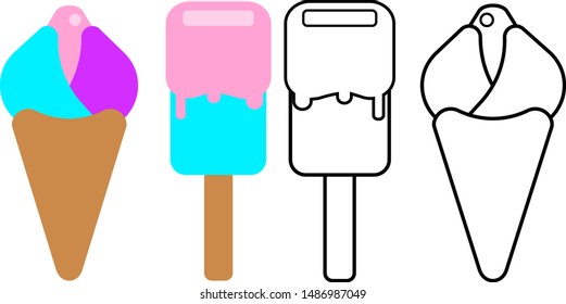 Vector illustration of two ice cream, colorful and black and white versions