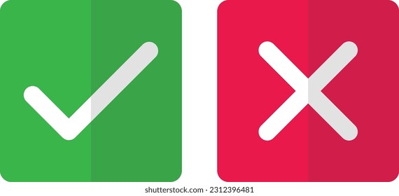 Vektorgrafik von zwei Symbolen, rotem Symbol eines Kreuzes und grünem Symbol eines Häkchens. Positiv und negativ. Ja oder keine Symbole.