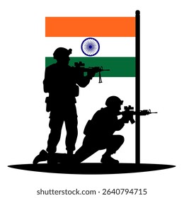  Vector illustration of two Indian army silhouettes in front of the Indian flag. National defense, border security and India’s military presence in regional geopolitics concept. Transparent background
