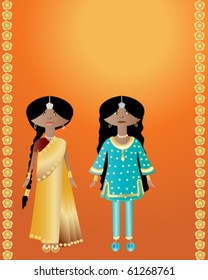 vector illustration of two indian ladies wearing saree and salwar kameez on orange background with gold flower border