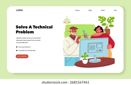 Vector illustration of two individuals actively solving a technical problem using a computer. They collaborate while discussing solutions, emphasizing teamwork and communication.