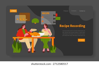 Vector illustration of two individuals enjoying a meal together while recording recipes. The scene includes a table with food, recipe notes, and lively interaction between the participants.