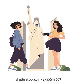 Vector illustration of two individuals observing a modern representation of the Statue of Liberty. The image captures their curious expressions and casual attire in a minimalist style.