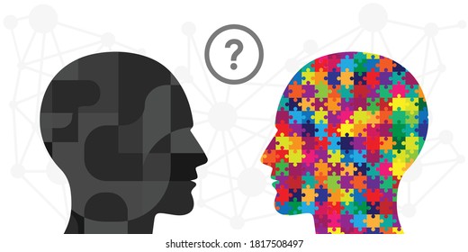 vector illustration of two individuals silhouettes with colorful jigsaw puzzle for autistic disorder people