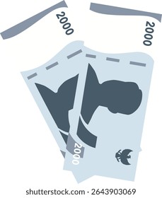 Ilustração vetorial de duas notas indonésias de 2.000 Rupias em tom azul. Ideal para dinheiro, serviços bancários, economia e visuais com temas econômicos.