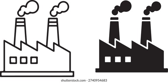 A vector illustration of two industrial factory buildings with chimneys emitting smoke, presented in both black and white and solid black.