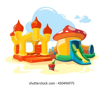 Vector illustration of two inflatable castles and children hills on playground. Pictures isolate on white background