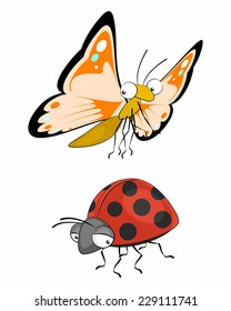 Vector illustration of a two insects, butterfly and ladybug