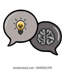 Vector illustration of two interconnected speech bubbles, one featuring a glowing lightbulb symbolizing idea generation and the other depicting a brain representing intellect, showcasing a concept...