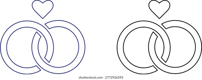 Vector illustration of two interlocking wedding rings with a heart on top, in blue and black lines, on a pure white background