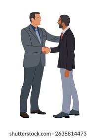 Vector illustration of two interracial business men in suits shaking hands. Full length diverse professionals, corporate deal, partnership, teamwork concept. Isolated on white background