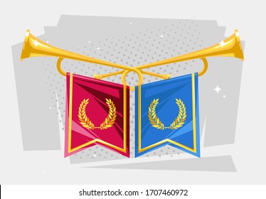 Vector illustration of two intersecting Golden Royal wind pipes with a blue and red flag