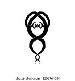 Vector illustration of two intertwined snakes. Hand drawn silhouette of snakes and crown for logo design, T-shirt, icon, poster. Temporary Tattoo animal design. Tattoo silhouette illustration.