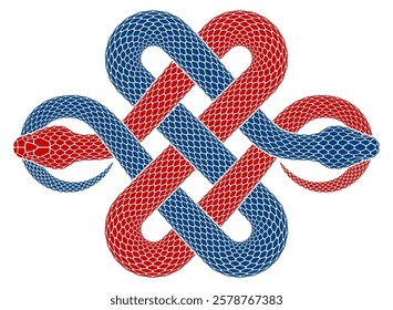 Vector illustration of two intertwined snakes biting their tails in the form of infinity knot symbol. Black serpent silhouette as traditional buddhist sign. Isolated tattoo design.