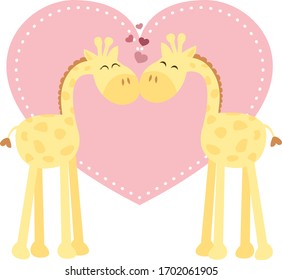 A vector illustration of two isolated giraffes in love kissing with pink hearts
