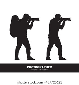 Vector illustration: Two isolated silhouette of the photographer with a backpack and telephoto lens on white background