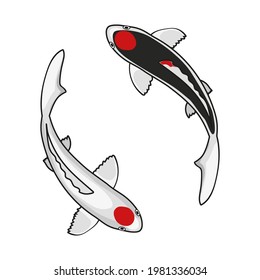 Vector illustration of two japanese black and white koi or carp fish simbolizing ying and yang
