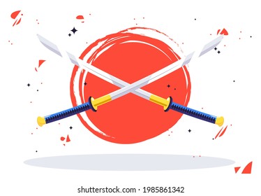 Vector illustration of two Japanese samurai swords on the background of the red sun of the flag of Japan, katana