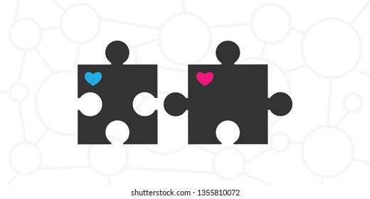 vector illustration of two jigsaw puzzle elements and harts for couple and relationship concept