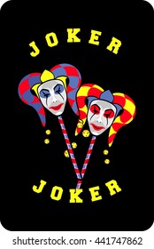 vector illustration of two joker mask on a black background playing card