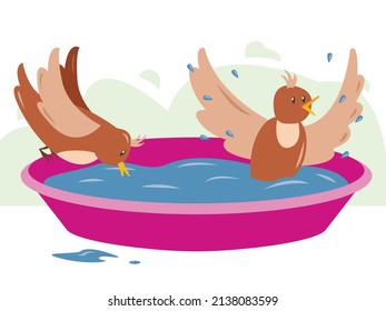 Vector illustration - two joyful birds drink and bathe in refreshing water in an isolated soda bath. Concept care and morning exercise