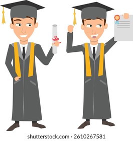 Vector illustration of two joyful male graduates wearing academic gowns and caps. One is proudly holding a rolled diploma, while the other raises a certificate and clenches his fist in celebration.