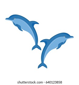 Vector illustration two jumping dolphins isolated on white background. Dolphin pair icon. Sea creature