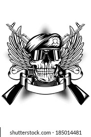 Vector illustration two Kalashnikov guns, wings and skull in beret