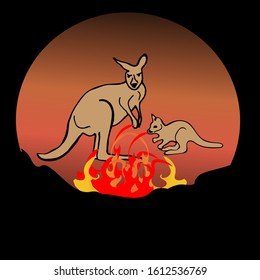 Vector illustration two kangaroos big and small in a circle and fire flee from danger.