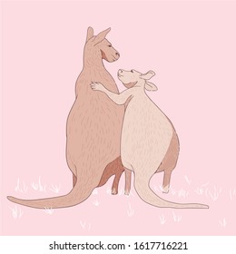 Vector illustration of two kangaroos showing love and encouragement.Pictures of wildlife in Australia.Wild animals show love for Valentine's Day.
