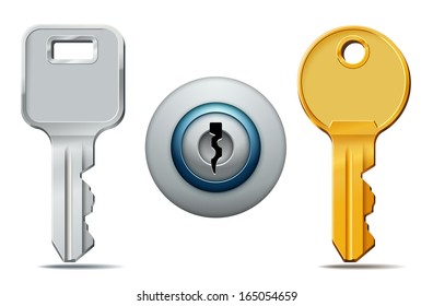 Vector illustration of two keys and keyhole icons