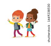 Vector illustration of two kids with the backpacks are going to school. Preschool friends Redhair boy and African American girl walks to school.