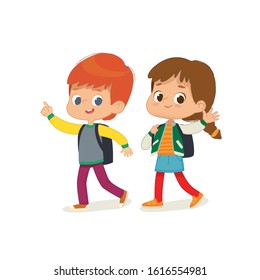 Vector illustration of two kids with the backpacks are going to school. Preschool friends boy and girl are walk to school. Brother and sister isolated.