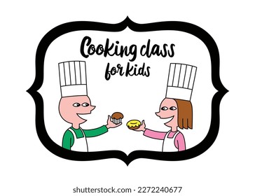 Vector illustration of two kids, a boy and a girl, dressed as chefs and offering the other a bun, with a text that says: Cooking class for kids.